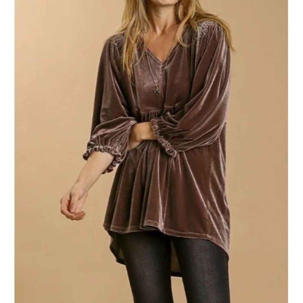 Umgee Velvet Babydoll Smocked Hi-low Hem Tunic Dress Sz S Steampunk Boho Peasant